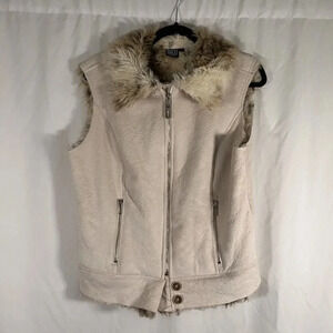 NILS Sportswear Vest Women's Large White Brown Faux Fur Sleeveless Full Zip